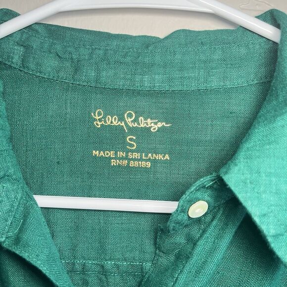 Lilly Pulitzer Sea View Woven Linen Point Collar Button Down Shirt Green Women S - Picture 3 of 6